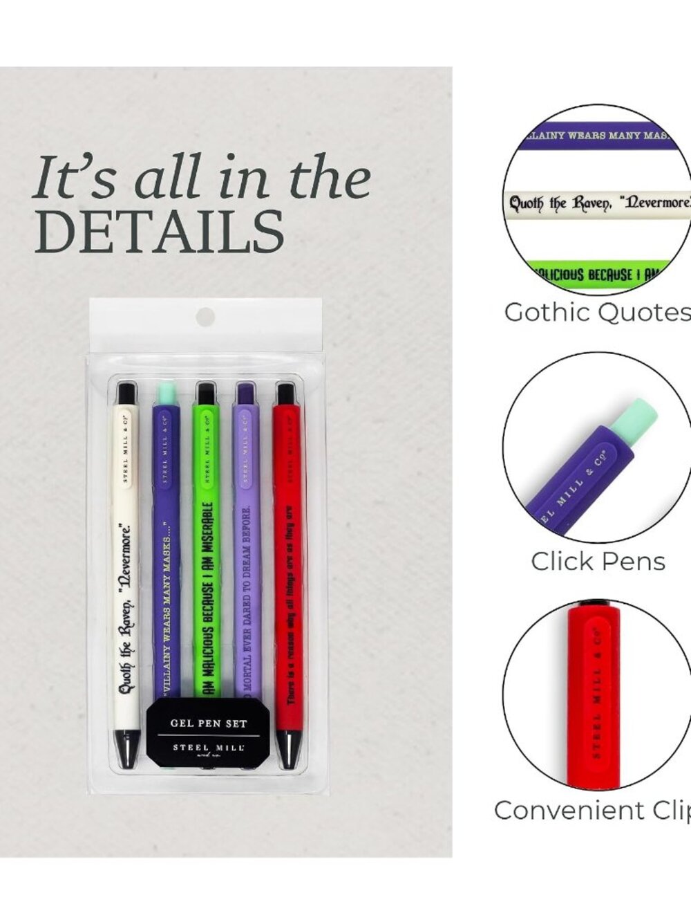 Steel Mill & Co. Gel Pen Set of 5, Gothic Book Titles - Picture 3 of 3